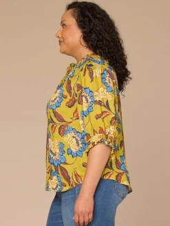 Elbow Length Ruffle Edge Neck Button Down Printed Plus Size Woven Top