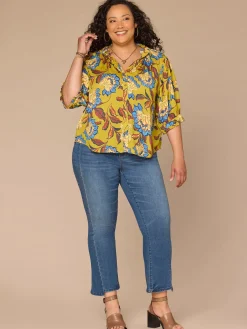 Elbow Length Ruffle Edge Neck Button Down Printed Plus Size Woven Top