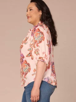 Elbow Length Ruffle Edge Neck Button Down Printed Plus Size Woven Top