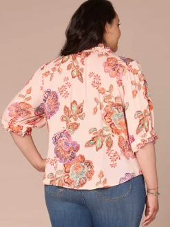 Elbow Length Ruffle Edge Neck Button Down Printed Plus Size Woven Top