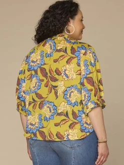 Elbow Length Ruffle Edge Neck Button Down Printed Plus Size Woven Top