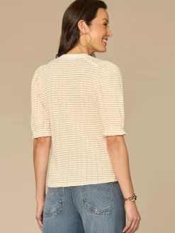 Elbow Puff Sleeve Mandarin Collar Embroidered Striped Petite Knit Top