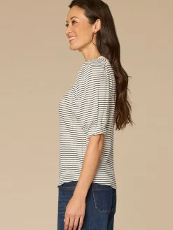 Elbow Puff Sleeve Mandarin Collar Embroidered Striped Petite Knit Top