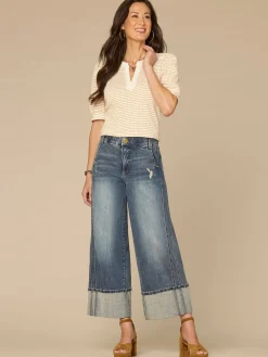 Elbow Puff Sleeve Mandarin Collar Embroidered Striped Petite Knit Top
