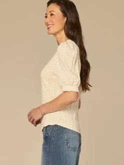 Elbow Puff Sleeve Mandarin Collar Embroidered Striped Petite Knit Top