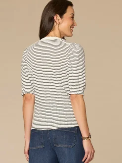 Elbow Puff Sleeve Mandarin Collar Embroidered Striped Petite Knit Top