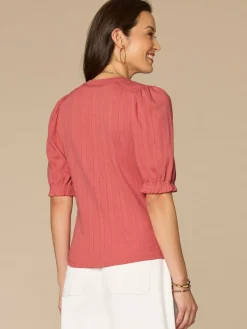 Elbow Puff Sleeve Mandarin Collar Half Placket Embroidered Knit Top