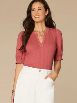 Elbow Puff Sleeve Mandarin Collar Half Placket Embroidered Knit Top
