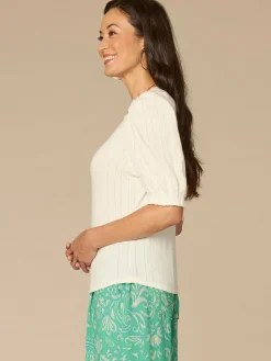 Elbow Puff Sleeve Mandarin Collar Half Placket Embroidered Knit Top