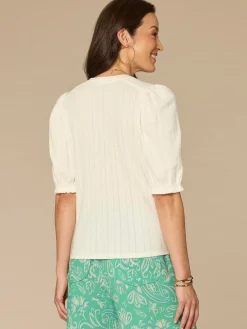 Elbow Puff Sleeve Mandarin Collar Half Placket Embroidered Knit Top