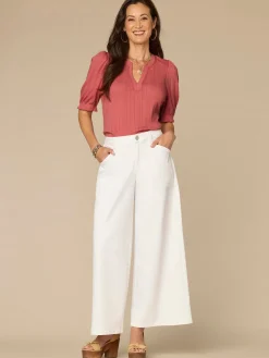 Elbow Puff Sleeve Mandarin Collar Half Placket Embroidered Knit Top