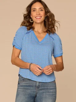Elbow Puff Sleeve Picot V-Neck Crochet Detail Knit Top