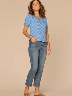 Elbow Puff Sleeve Picot V-Neck Crochet Detail Knit Top