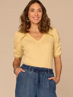 Elbow Puff Sleeve Picot V-Neck Crochet Detail Knit Top