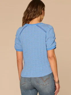 Elbow Puff Sleeve Picot V-Neck Crochet Detail Knit Top