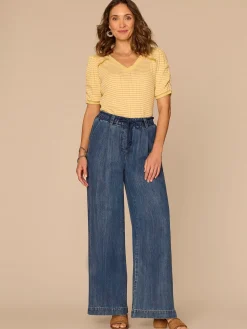 Elbow Puff Sleeve Picot V-Neck Crochet Detail Knit Top