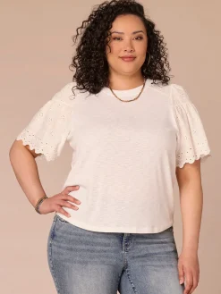 Elbow Puff Sleeve Scoop Neck Mixed Media Plus Size Knit Top