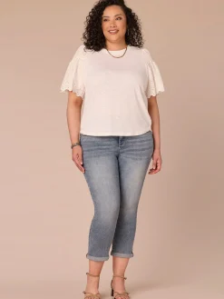 Elbow Puff Sleeve Scoop Neck Mixed Media Plus Size Knit Top