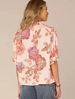 Elbow Puff Sleeve Split Neck Button Down Printed Petite Woven Top