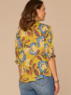 Elbow Puff Sleeve Split Neck Button Down Printed Petite Woven Top