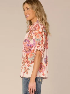 Elbow Puff Sleeve Split Neck Button Down Printed Petite Woven Top