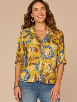 Elbow Puff Sleeve Split Neck Button Down Printed Petite Woven Top