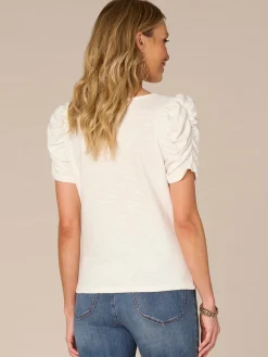Elbow Puff Sleeve V-Neck Ruched Front Petite Knit Top