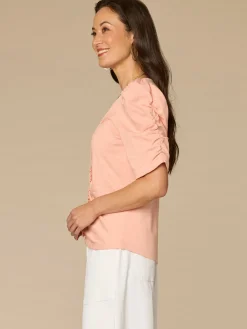 Elbow Puff Sleeve V-Neck Ruched Front Petite Knit Top