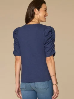 Elbow Puff Sleeve V-Neck Ruched Front Petite Knit Top