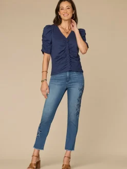 Elbow Puff Sleeve V-Neck Ruched Front Petite Knit Top