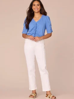 Elbow Puff Sleeve V-Neck Ruched Front Petite Knit Top