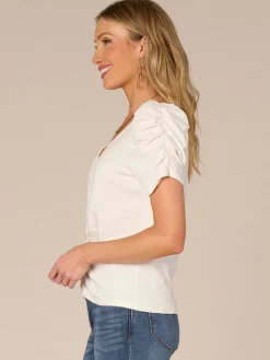 Elbow Puff Sleeve V-Neck Ruched Front Petite Knit Top