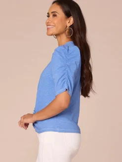 Elbow Puff Sleeve V-Neck Ruched Front Petite Knit Top