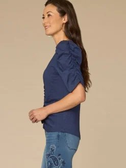 Elbow Puff Sleeve V-Neck Ruched Front Petite Knit Top