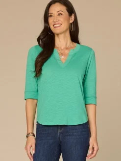 Elbow Roll Cuff Sleeve Round Split Neck Surplus Hem Petite Knit Top