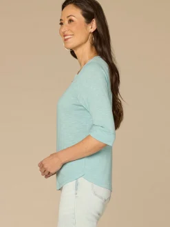 Elbow Roll Cuff Sleeve Round Split Neck Surplus Hem Petite Knit Top
