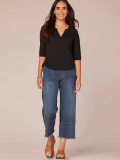 Elbow Roll Cuff Sleeve Round Split Neck Surplus Hem Petite Knit Top
