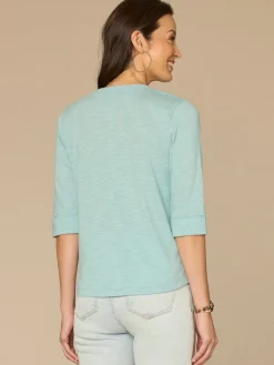 Elbow Roll Cuff Sleeve Round Split Neck Surplus Hem Petite Knit Top