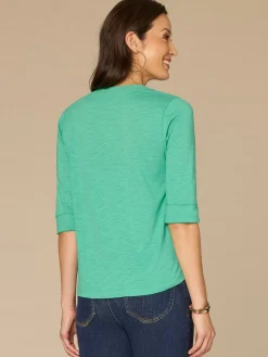 Elbow Roll Cuff Sleeve Round Split Neck Surplus Hem Petite Knit Top