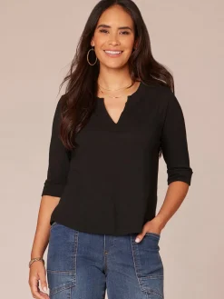 Elbow Roll Cuff Sleeve Round Split Neck Surplus Hem Petite Knit Top
