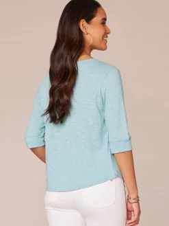 Elbow Roll Cuff Sleeve Round Split Neck Surplus Hem Petite Knit Top