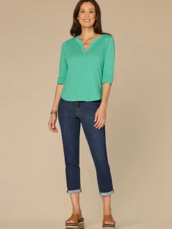 Elbow Roll Cuff Sleeve Round Split Neck Surplus Hem Petite Knit Top