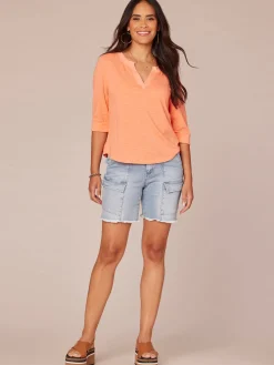Elbow Roll Cuff Sleeve Round Split Neck Surplus Hem Petite Knit Top