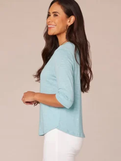 Elbow Roll Cuff Sleeve Round Split Neck Surplus Hem Petite Knit Top