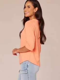 Elbow Roll Cuff Sleeve Round Split Neck Surplus Hem Petite Knit Top