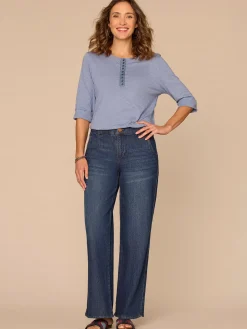 Elbow Roll Cuff Sleeve Scoop Neck Half Crochet Placket Petite Knit Top