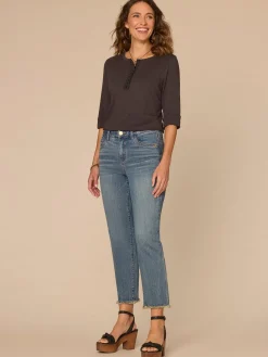 Elbow Roll Cuff Sleeve Scoop Neck Half Crochet Placket Petite Knit Top