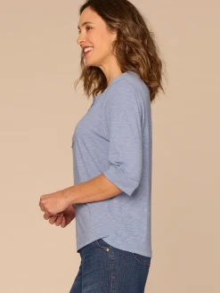 Elbow Roll Cuff Sleeve Scoop Neck Half Crochet Placket Petite Knit Top
