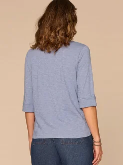 Elbow Roll Cuff Sleeve Scoop Neck Half Crochet Placket Petite Knit Top