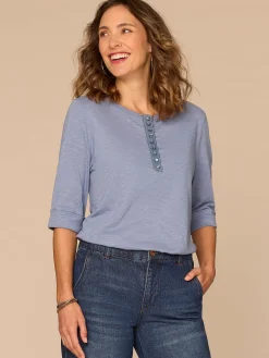 Elbow Roll Cuff Sleeve Scoop Neck Half Crochet Placket Petite Knit Top